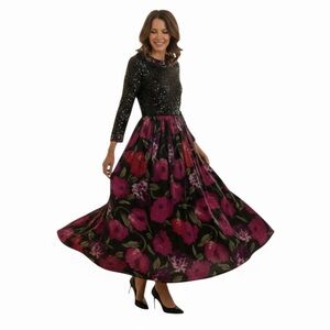 Victoria Royal Ltd Beaded Sequin Silk Gown Black Floral Maxi Dress 6/8 Vintage